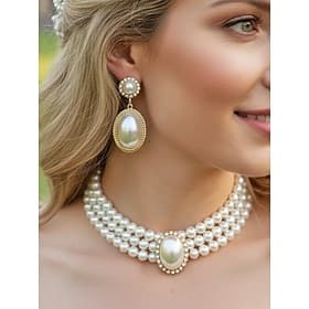 Women's Faux Pearl Necklace  Earrings Set, Vintage Elegant Multi-Layer Choker with Oval Pendant, Classic Bridal Jewelry for Wedding, Evening Party  Formal Even