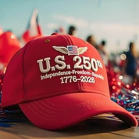 Baseballkappe zum 250. Jahrestag der USA, patriotische Stickerei, rote, verstellbare Snapback-Kappe, Feierkappe zum Unabhängigkeitstag (1776–2026) für Damen un