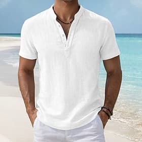 Men's Shirt Linen Shirt Popover Shirt Summer Shirt Beach Wear Grandad Collar Shirt Plain Daily Vacation Blue Black White Yellow Short Sleeve Mandarin Collar Su
