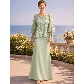 Sheath Column Floor Length Wedding Guest Dress Formal Dresses Evening Gown Mother of the Bride Dress Half Sleeve Jewel Neck Elegant Wedding Guest Satin Lace wi