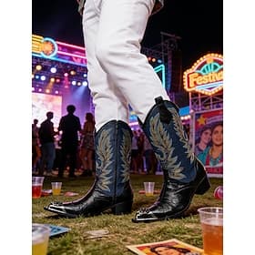 Men's Genuine Leather Cowboy Boots with Bold Floral Design, Stylish Western Boots for Music Festival