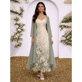 Women's Dress Set A Line Dress Elegant Vacation Floral Graphic Layered Print Maxi Dress 3/4 Length Sleeve V Neck Daily Beach Blue Pink Green Summer Spring Regu