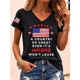 American Independence Day Women's T Shirt Print Graphic Flag Vintage Stylish Classic Short Sleeve V Neck Regular Tops Daily Blue Black White Red Summer Spring thumbnail 4
