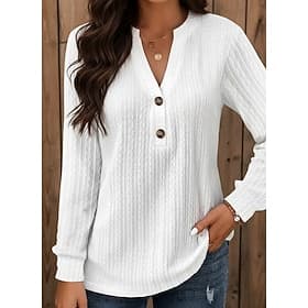 Women's T Shirt Tee Top Buttons Solid Color Elegant Fashion Long Sleeve V Neck Regular Tops Daily Weekend Blue Black White Pink Navy Blue Spring Fall