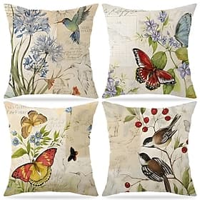 Spring Floral Bird Throw Pillow Cover Flower and Bird Printed Linen Cushion Cover Decorative Pillowcase for Living Room Sofa Home Decor