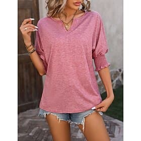 Women's T Shirt Ruffle Solid Color Vintage Stylish Classic 3/4 Length Sleeve V Neck Regular Tops Daily Black Pink Navy Blue Fuchsia Green Summer Spring