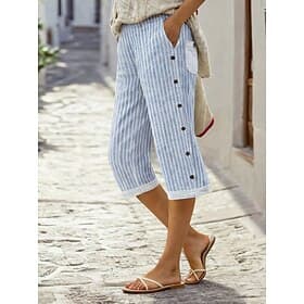 Women's Cotton Capri Pants Cotton Blend Faux Cotton Linen Vacation Fashion Streetwear Knee Length High Waist Striped Drawstring Pocket Elastic Waist Breathabil