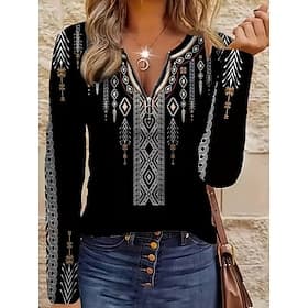 Women's T Shirt Zipper Print Graphic Tribal Fashion Casual Long Sleeve Crew Neck V Neck Regular Tops Daily Dark Brown Black Red Green Spring Fall