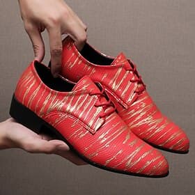 Men's Red  Gold Striped Faux Leather Dress Shoes – Stylish Formal Footwear for Weddings  Business Events