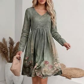 Damen Boho Kleid Blumen V-Ausschnitt Maxikleid Vintage Kleid Print Kleid Mode Modern Sommer Frühling