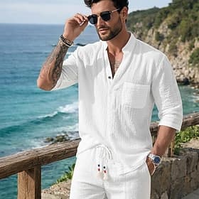 Men's Linen Set 2 Piece Shirt Set And Set Plain Casual Daily Vacation Mandarin Collar Standing Collar 3/4-Length Sleeve Long Pant Spring  Summer Summer Fashion