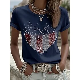 American Independence Day Women's T Shirt Print Graphic Flag Stylish Classic Casual Short Sleeve Crew Neck Round Neck Regular Tops Daily Blue Red Red / Blue Su thumbnail 2
