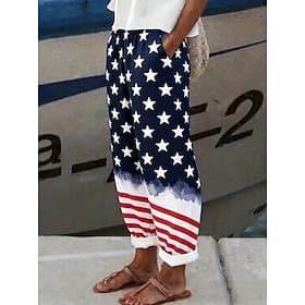 Independence Day PatrioticWomen's Pants Trousers Casual Pants Vacation Vintage Ethnic Style Full Length High WaistPants Floral American Flag Drawstring Side Po