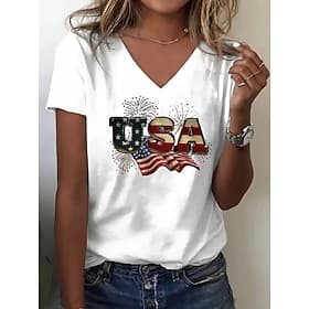 American Independence Day Women's T Shirt Print Graphic Flag Vintage Stylish Classic Short Sleeve V Neck Regular Tops Daily Blue Black White Red Summer Spring thumbnail 2