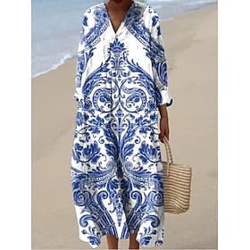 Damen Maxikleid Sommerkleid A Linie Kleid Urlaub Lässig Boho Strand Party Lässiger Schnitt Blumen Grafik Geometrisch Langarm V Ausschnitt Blau Weiß Schwarz Kha