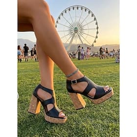Women's Black Platform Festival Sandals - Edgy Open Toe Cutout Chunky Heels with Cork Sole  Ankle Strap for Music Festivals, Summer Concerts  Outdoor Raves