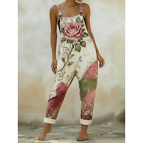 Women's Overall Active Floral Sleeveless Sleeveless Square Neck Pocket Print Daily Vacation Loose Fit Khaki Summer