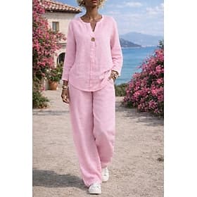Women's Shirt Linen-feel Set Two Piece Sets Linen Pants Pants Trousers Set Long Sleeve V Neck Solid Color Drawstring Fashion Streetwear Daily Wear Date Blue Bl