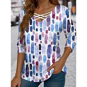 Per donna Maglietta Taglio Stampato Grafico Geometria Vintage Elegante Casual Manica Lunga Scollo a V Top Regolari Quotidiano Blu Giallo Viola Verde Estate Pri