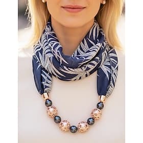 Women's Bohemian Chiffon Scarf Necklace, Soft Polyester Floral Print Infinity Scarf with Beaded Pendant, Lightweight Fashion Accessory for Women, Perfect for D