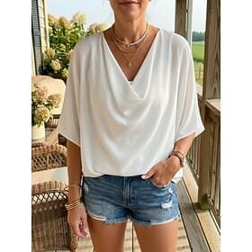 Women's Blouse Dressy Tops Elegant Stylish Solid Color Ruched Batwing Sleeve 3/4 Length Sleeve Regular Tops Cowl Neck Work Daily Black White Yellow Pink Sky Bl