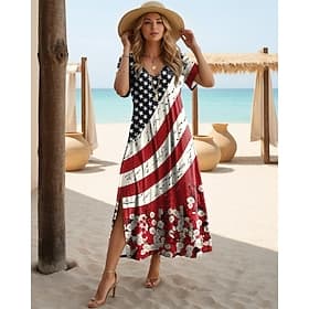 American Independence Day Women's Maxi Dress Shift Dress Sundress T Shirt Dress Tee Dress Vacation Casual Holiday Regular Fit Graphic American Flag Stars and S