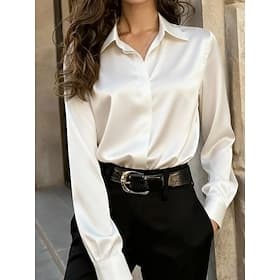 Chemisier femme en satin, boutons, couleur unie, élégant, stylé, décontracté, manches longues, col classique, haut idéal pour le bureau, noir, blanc, bleu mari