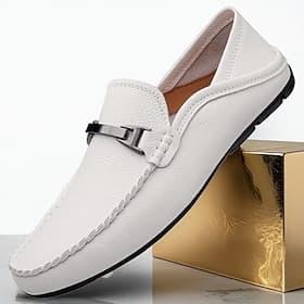 Weiße Herren-Slipper aus Kunstleder mit Metallschnalle, klassische Business-Casual-Schuhe für den Weg ins Büro, Hochzeiten und den Alltag