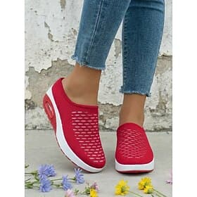 Women's Red Casual Air Cushion Platform Sport Mules - Breathable Mesh Upper, Lightweight Comfort Walking Shoes for Ladies, Perfect for Daily Wear, Travel, Shop