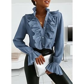 Shirt Blouse Women's White Pink Blue Plain Ruffle Button Street Daily Fashion Standing Collar Regular Fit S
