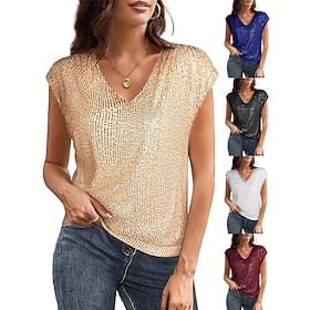 Women's Blouse Sequin Tops Sequins Plain Stylish Classic Modern Short Sleeve V Neck Regular Tops Daily Holiday Going out Black White Wine Royal Blue Gold Summe