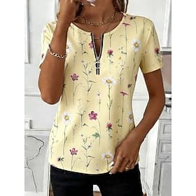 Women's T Shirt Zipper Floral Graphic Plants Stylish Casual Short Sleeve Crew Neck Regular Tops Daily Sports Weekend Blue Yellow Pink Purple Green Summer Sprin