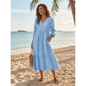 Femmes Robe Midi Robe trapèze Robe d'été Occasionnel Coupe Ample Couleur Unie manche longue Col en V Bleu Jaune Marron Gris Été Printemps