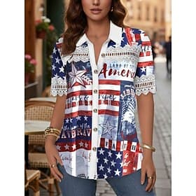 Women's Shirt Blouse Patchwork Buttons Flag Stylish Classic Modern Short Sleeve Shirt Collar Regular Tops Daily Holiday Going out Blue Red Light Blue Summer Sp
