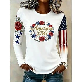 Independence Day American Anniversary Patriotic Women's T Shirt Print Graphic Flag American Flag Stylish Classic Casual Long Sleeve Crew Neck Regular Tops Dail thumbnail 2