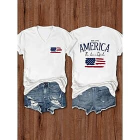 American Independence Day Women's T Shirt Tee Top Print Graphic Flag Stylish Classic Casual Short Sleeve V Neck Regular Tops Daily Going out Weekend White Summ