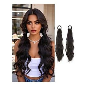 2PCS Curly Ponytail Extension with Elastic Tie 17 Inch Resistant Synthetic Natural Wavy Hairpiece Pony Tail Hair Extensions Wave Fake Ponytail Hairpieces for W