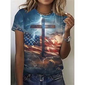 American Independence Day Women's T Shirt Print Graphic Flag Stylish Classic Casual Short Sleeve Crew Neck Round Neck Regular Tops Daily Blue Red Red / Blue Su