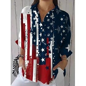 American Independence Day Women's Shirt Ruched Floral Graphic Flag Vintage Stylish Long Sleeve Flutter Sleeve Bell Sleeve Shirt Collar Regular Tops Daily Work thumbnail 2