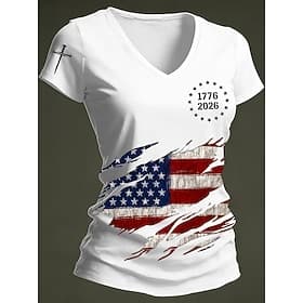 Independence Day American Anniversary Patriotic Women's T Shirt Print Graphic Flag Vintage Stylish Classic Short Sleeve V Neck Regular Tops Daily Blue Black Wh thumbnail 3