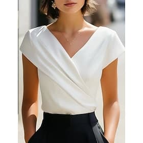 Women's Summer Shirt Dress Shirt Blouse Criss Cross Solid Color Elegant Stylish Basic Short Sleeve V Neck Regular Tops Daily Outdoor Work White Summer Spring