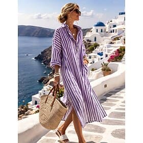 Women's Long Dress Maxi Dress Linen-feel Dresses Shirt Dress Kaftan Dress Stylish Casual Daily Vacation Date Regular Fit Stripe Long Sleeve Lapel Yellow Light