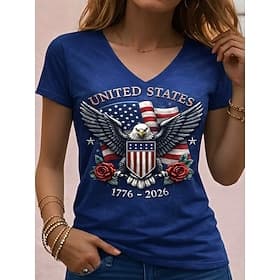 Independence Day American Anniversary Patriotic Women's T Shirt Print Graphic Flag Vintage Stylish Classic Short Sleeve V Neck Regular Tops Daily Blue Black Wh