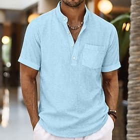 Herren Hemd Leinenhemd Popover-Hemd Sommerhemd Strandhemd Einfach Lässig Täglich Schwarz Weiß Himmelblau Grau Kurzarm Stehkragen Sommer Frühling  Sommer Beklei
