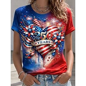 Independence Day American Anniversary Patriotic Women's T Shirt Print Graphic Flag Letter Stylish Classic Casual Short Sleeve Crew Neck Regular Tops Daily Blue