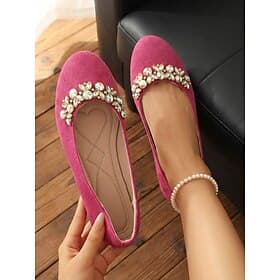 Women's Hot Pink Suede Ballet Flats with Rhinestone Decor – Comfortable Slip-On Walking Shoes for Daily Wear, Work and Shopping