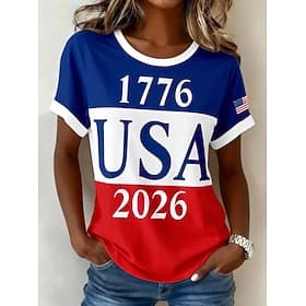 Independence Day American Anniversary Patriotic Women's T Shirt Color Block Print Graphic Letter American Flag Stylish Classic Casual Short Sleeve Crew Neck Re