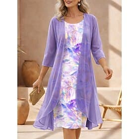 Damen Kleid-Set Shiftkleid Sommerkleid Elegant Blumen Grafik Geschichtet Druck Midikleid Dreiviertelarm Rundhalsausschnitt Täglich Urlaub Blau Rosa Purpur Somm