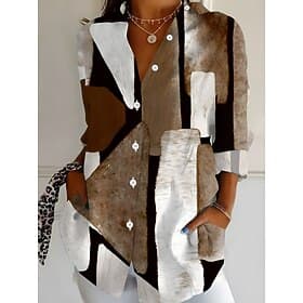 Damen Hemd Bluse Patchwork Knöpfe Druck Grafik Geometrisch Karomuster Vintage Tropisch Täglich Langarm Hemdkragen Lange Oberteile Täglich Blau Schwarz Rosa Mar
