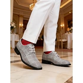 Men's Faux Leather Wedding Shoes, Checkered Pattern Design, Trendy and Comfortable for Wedding Receptions
